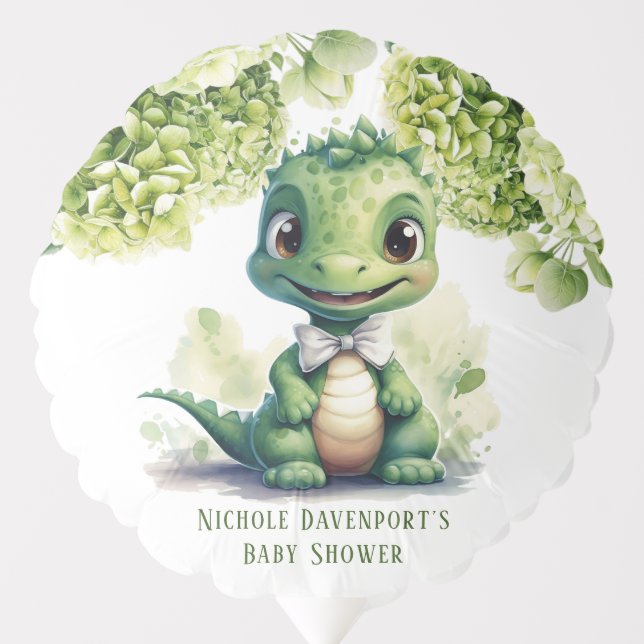 Green Dinosaur Floral Gender Neutral Baby Shower Balloon (Front)