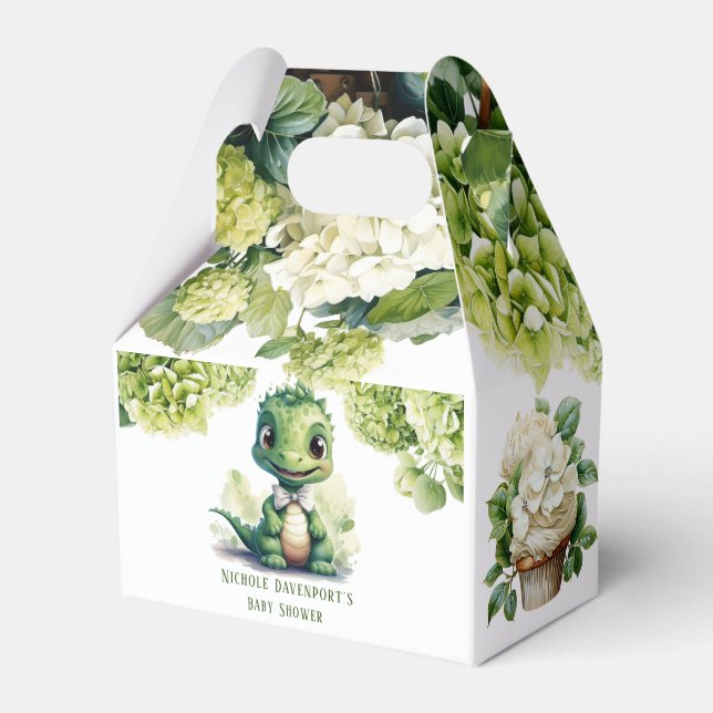 Green Dinosaur Floral Gender Neutral Baby Shower Favor Boxes (Front Side)