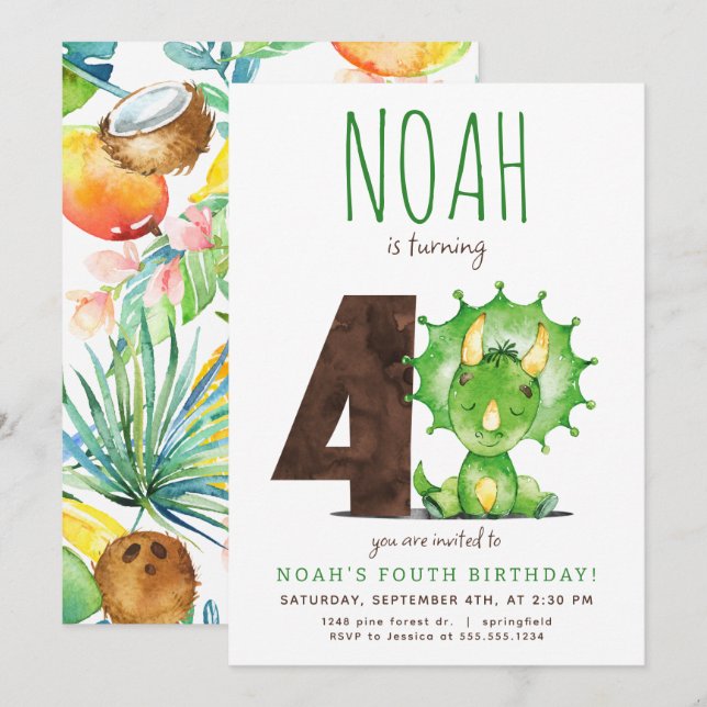 Green Dinosaur Fourth Birthday Invitation (Front/Back)