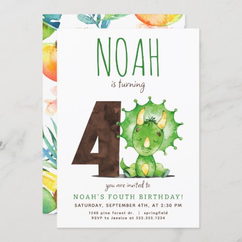 Green Dinosaur Fourth Birthday Invitation