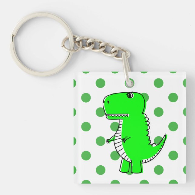 Green Dinosaur Green Polka Dots Keychain (Front)