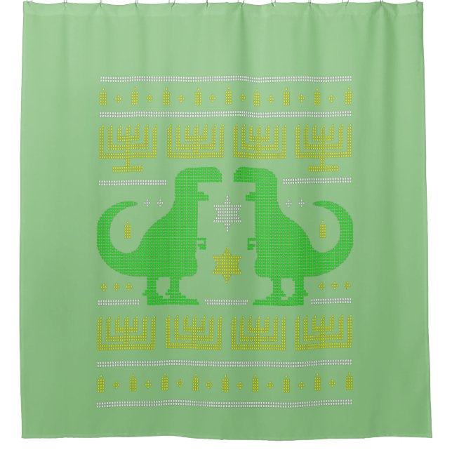 green dinosaur hanukkah ugly sweater shower curtain (Front)