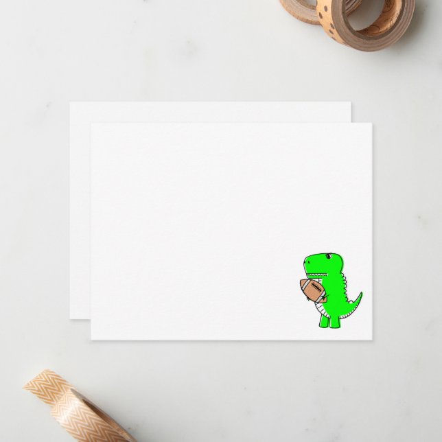 Green Dinosaur Loves Football Lined 3x3 Note Card (Front/Back In Situ)