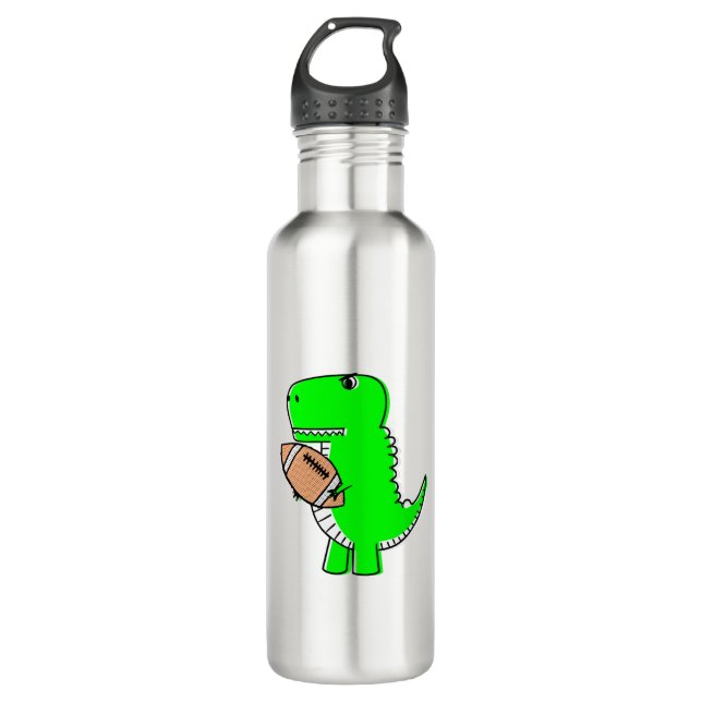 Green Dinosaur Loves Football Stainless Steel Water Bottle (Front)