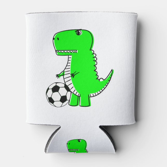 Green Dinosaur Loves Soccer Can Cooler (Front)