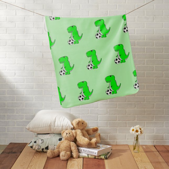 Green Dinosaur Loves Soccer Cartoon Pattern Baby Blanket (In Situ)