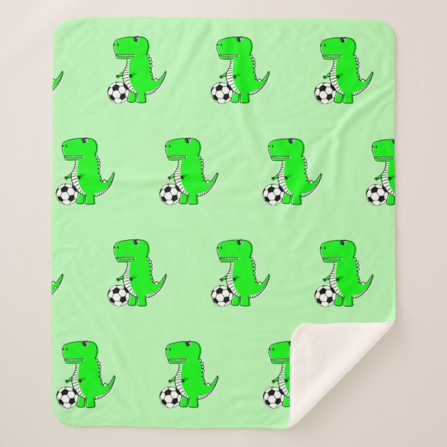 Green Dinosaur Loves Soccer Cartoon Pattern Sherpa Blanket (Front)