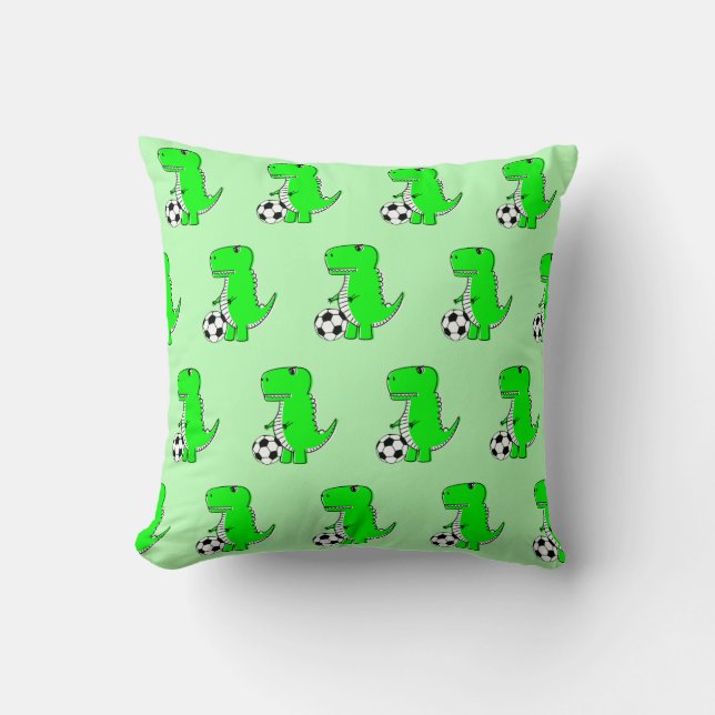 Green Dinosaur Loves Soccer Cartoon Pattern Throw Pillow (Front)