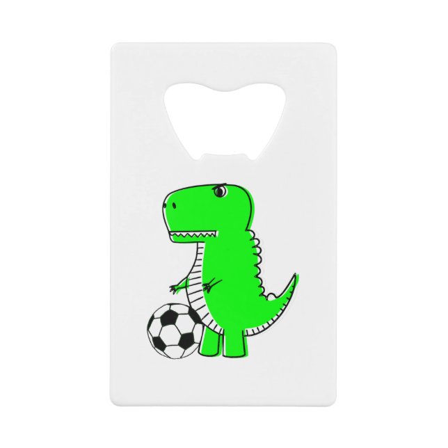 Green Dinosaur Loves Soccer Credit Card Bottle Opener (Front)