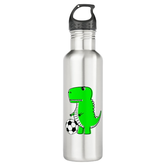 Green Dinosaur Loves Soccer Stainless Steel Water Bottle (Front)