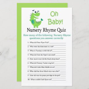 Green Dinosaur Nursery Rhyme Quiz baby shower game