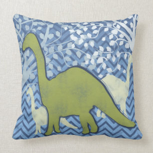 Green Dinosaur on Zigzag Chevron - Blue and White Throw Pillow