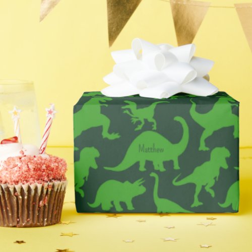 Green Dinosaur Pattern with Kid Name Wrapping Paper