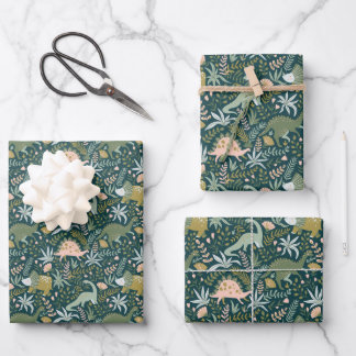 Green Dinosaur Pattern Wrapping Paper Sheets
