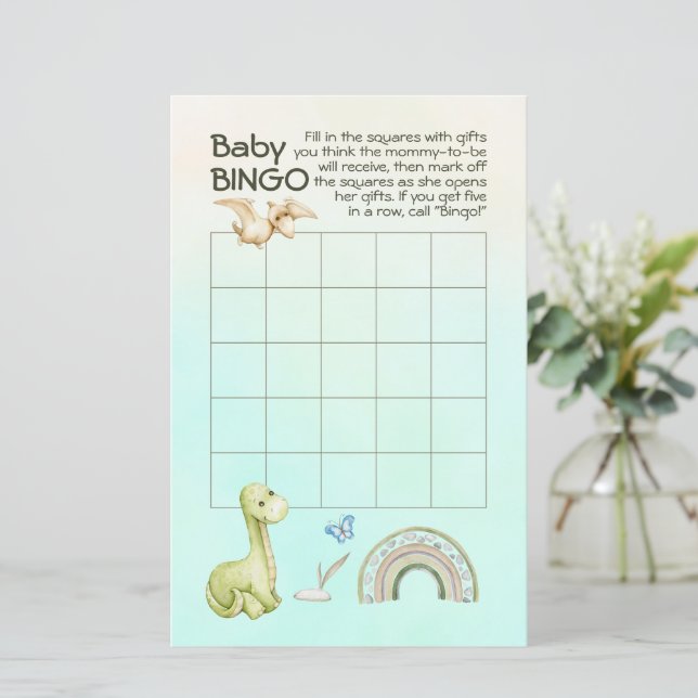 Green Dinosaur Rainbow Baby Shower Baby Bingo Game (Standing Front)