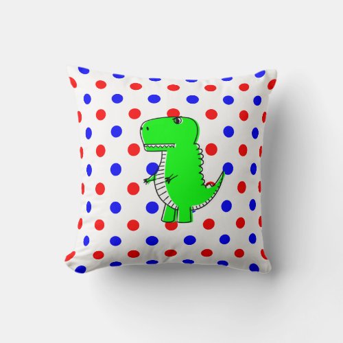 Green Dinosaur Red Blue Polka Dots Throw Pillow
