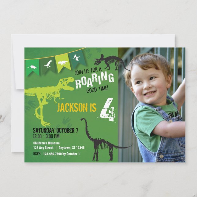 Green Dinosaur Roaring Boys Birthday Invitation (Front)