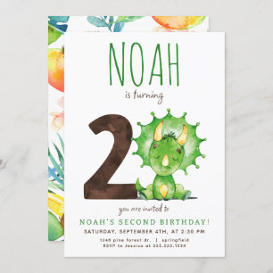 Green Dinosaur Second Birthday Invitation