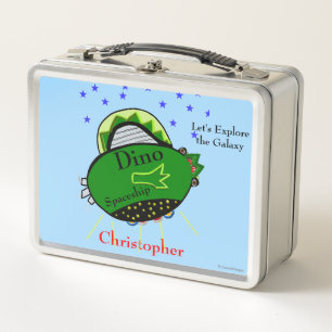 Green Dinosaur Spaceship Brown Eyes Stars Metal Lunch Box