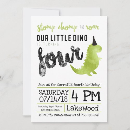 Green Dinosaur Stomp and Chomp Fourth Birthday Invitation