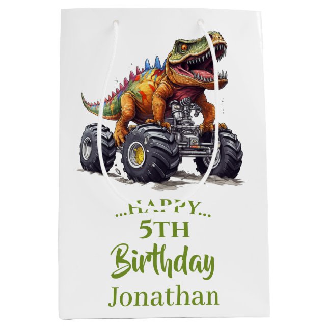 Green Dinosaur T-Rex Monster Truck, Medium Gift Bag (Front)