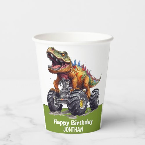 Green Dinosaur T_Rex Monster Truck theme  Paper Cups