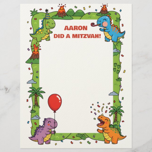 Green Dinosaur Themed Personal Name Mitzvah Note Letterhead (Front)