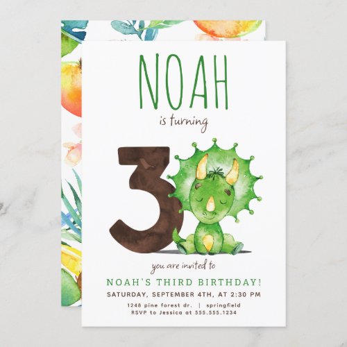 Green Dinosaur Third Birthday Invitation