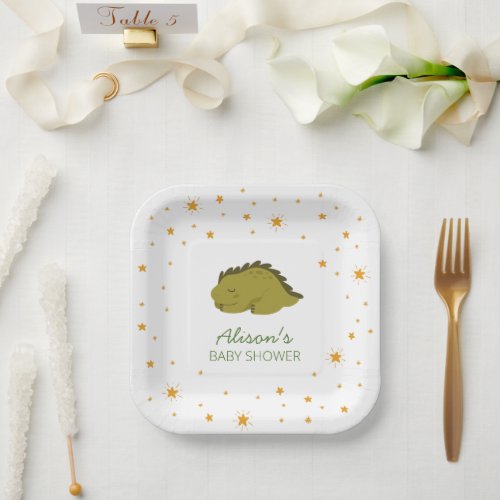 Green Dinosaur Twinkle Star Baby Shower Party Paper Plates
