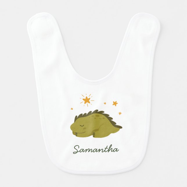 Green Dinosaur Twinkle Star Gender Neutral  Baby Bib (Front)