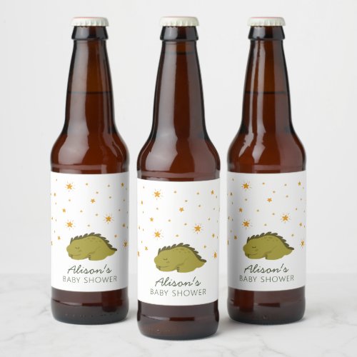 Green Dinosaur Twinkle Stars Gender Neutral  Beer Bottle Label