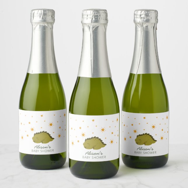 Green Dinosaur Twinkle Stars Gender Neutral Mini Sparkling Wine Label (Bottles)