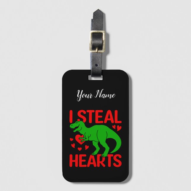 Green Dinosaur Valentine I Steal Hearts Luggage Tag (Front Vertical)