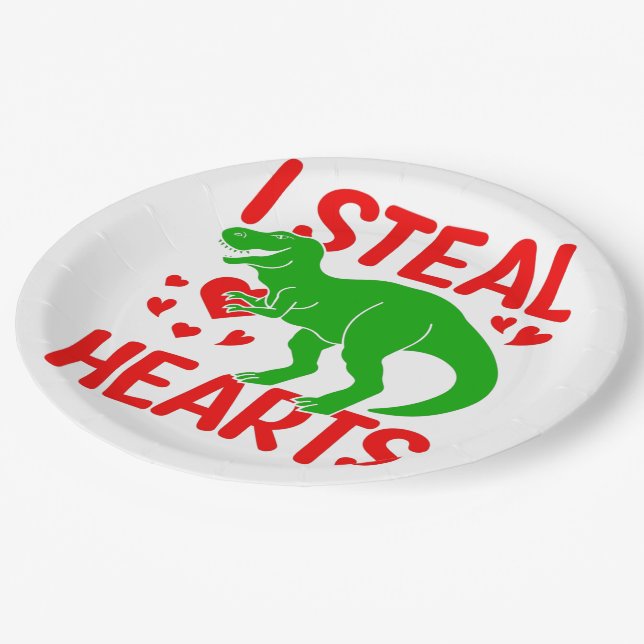 Green Dinosaur Valentine I Steal Hearts Paper Plates (Angled)