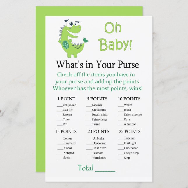 Green Dinosaur What's in your purse game (Front/Back)