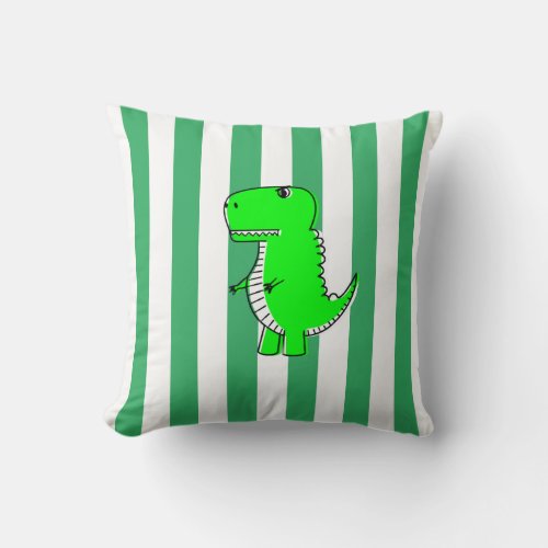 Green Dinosaur White Green Stripes   Throw Pillow