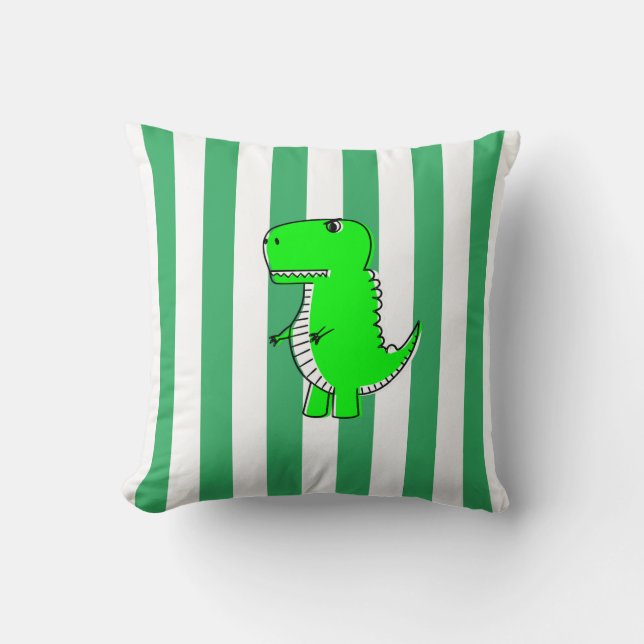 Green Dinosaur White Green Stripes   Throw Pillow (Front)