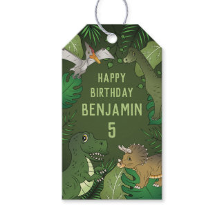 Green Dinosaurs Kids Birthday With Name And Age Gift Tags