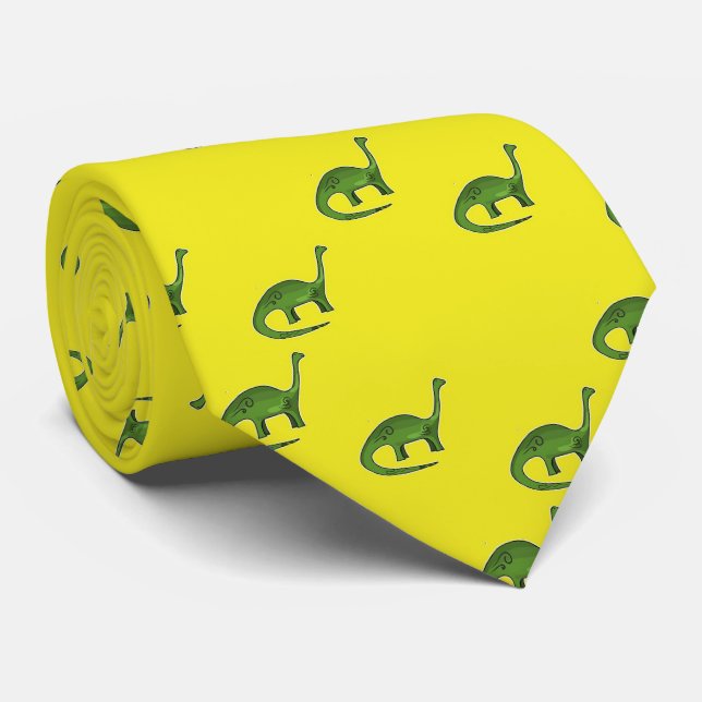 Green dinosaurs on yellow pattern neck tie (Rolled)