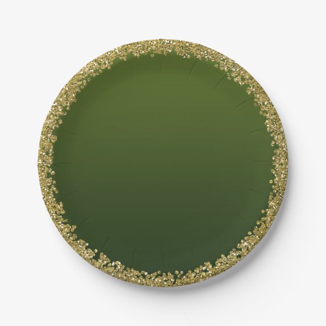 Green Dipped Gold Glitter Glam Sparkle Party Paper Plates (Front)