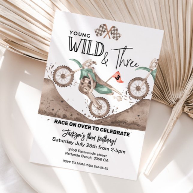 Green Dirt Bike 3rd birthday Young WILD and THREE  Invitation (Young WILD and THREE dirt bike invitation, green dirt bike party)