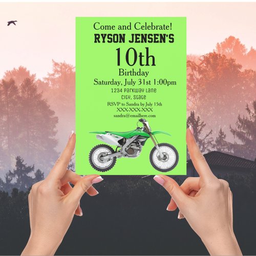 Green Dirt Bike Sports Boy Birthday Invitations