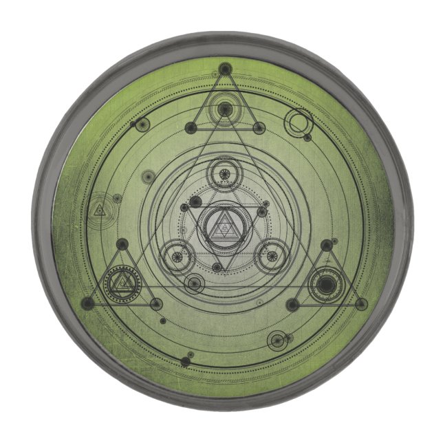 Green distressed sacred geometry design gunmetal finish lapel pin (Front)