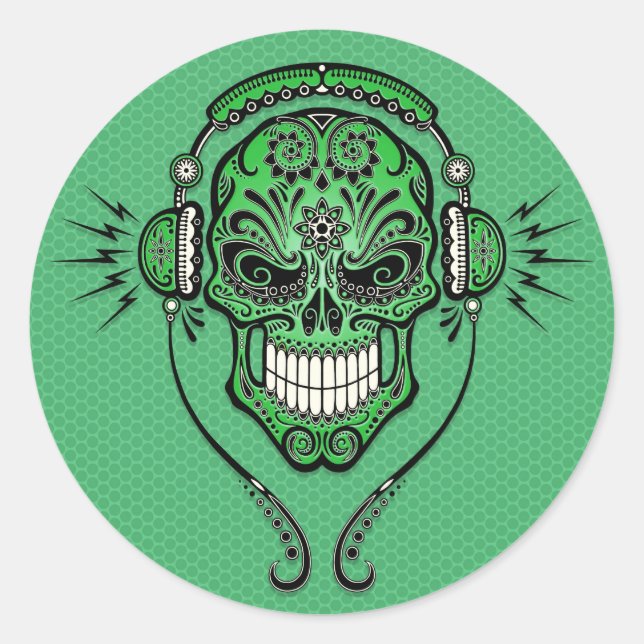 Green DJ Sugar Skull Classic Round Sticker (Front)