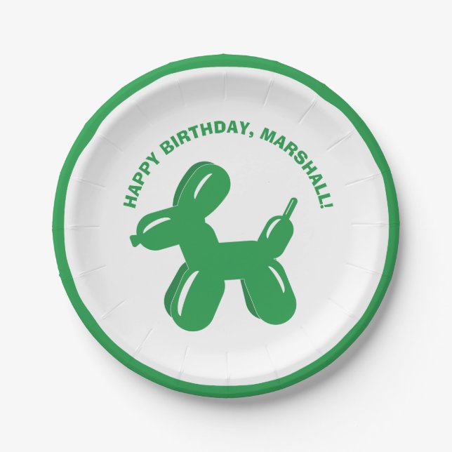 Green Dog Balloon Animal Personalized Party Paper Plates (Front)
