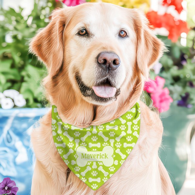 Green Dog Bones Paw Print Custom Name Pet Bandana Collar (Creator Uploaded)