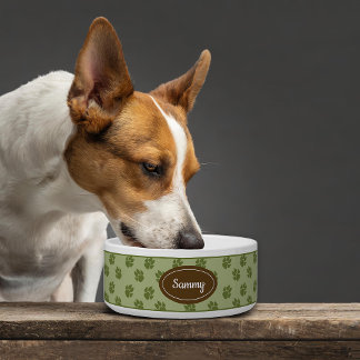 Green Dog Paws Pattern Brown Name Badge Rustic Pet Bowl