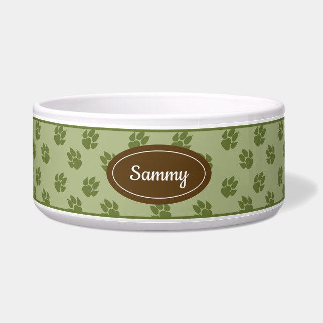 Green Dog Paws Pattern Brown Name Badge Rustic Pet Bowl (Front)