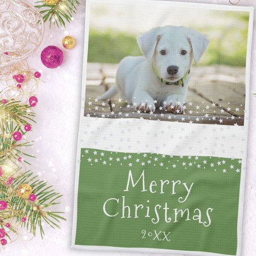 Green Dog Pet Photo Stars Merry Christmas  Kitchen Towel