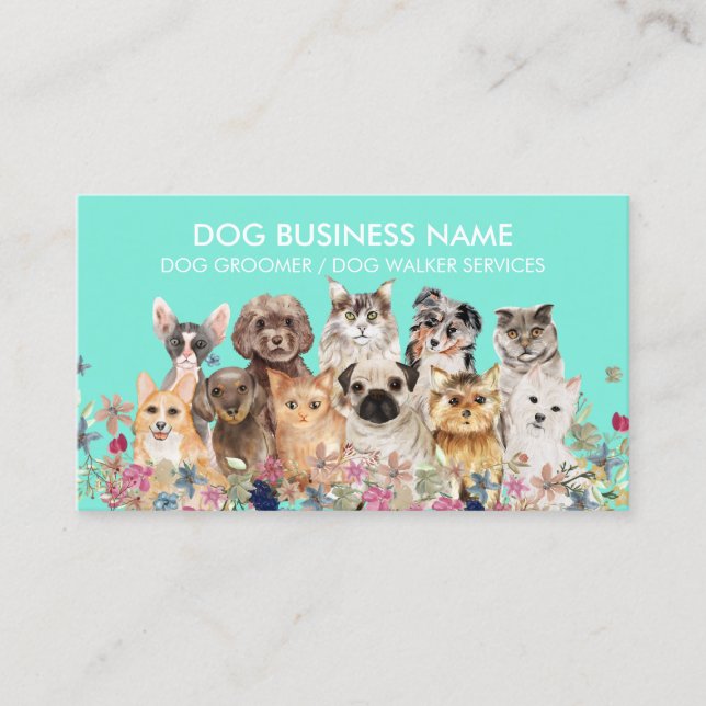Green Dogs Cats Breeds Grooming Service Business Card (Front)